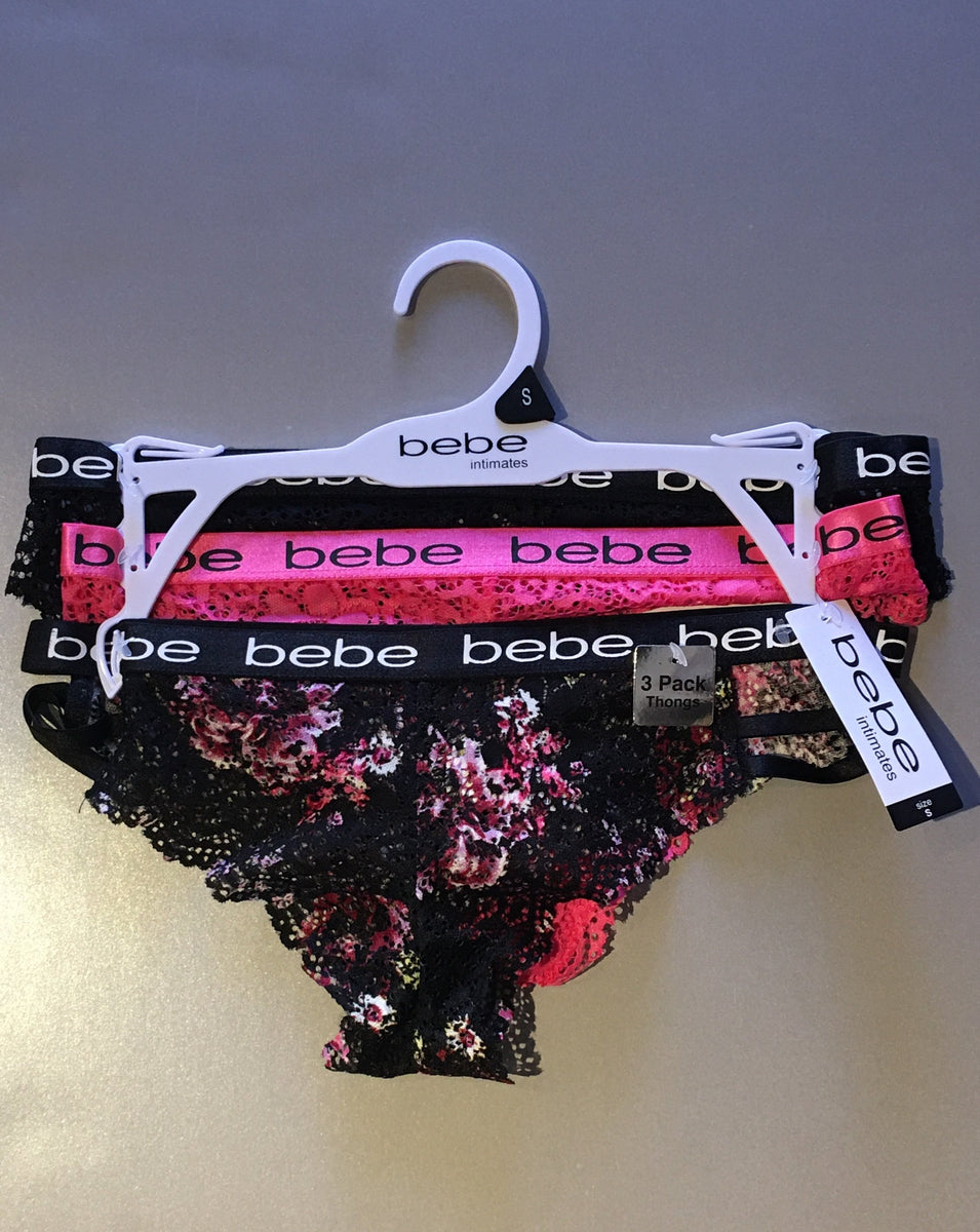 Buy Bebe women 3 pack brand logo thong panties pink white black