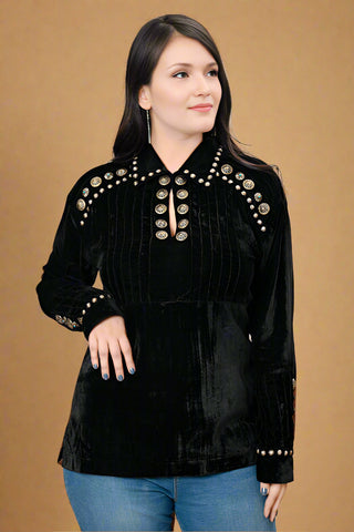 Black Velvet Tunic Shirt with Conchos