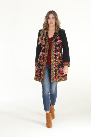 Twill Coat with Embroidered Rose Detailing