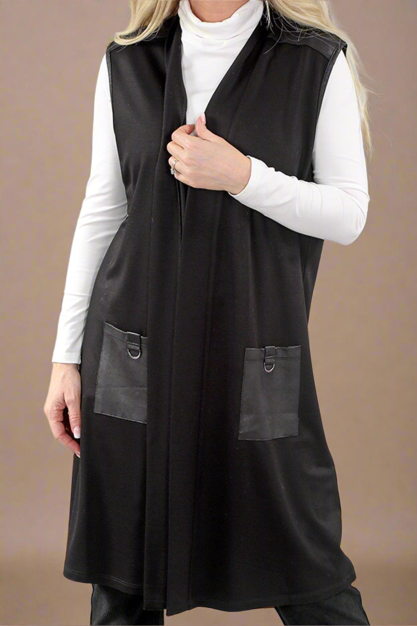 Sleeveless Long Cardigan with Vegan Leather Patch Pockets