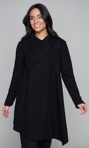 Wrap-Style Wool Coat with Metal Hook-eye Closure