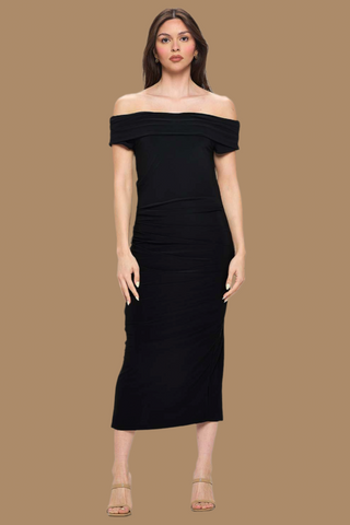 Off Shoulder ruched Dress W/ Side Slit