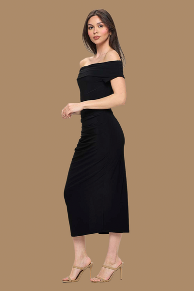 Off Shoulder ruched Dress W/ Side Slit