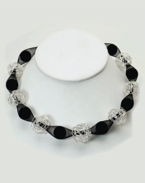 Black and Silver Wire Balls Mesh Necklace