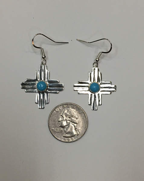 Sterling Silver, Turquoise Zia Earrings, Medium Size