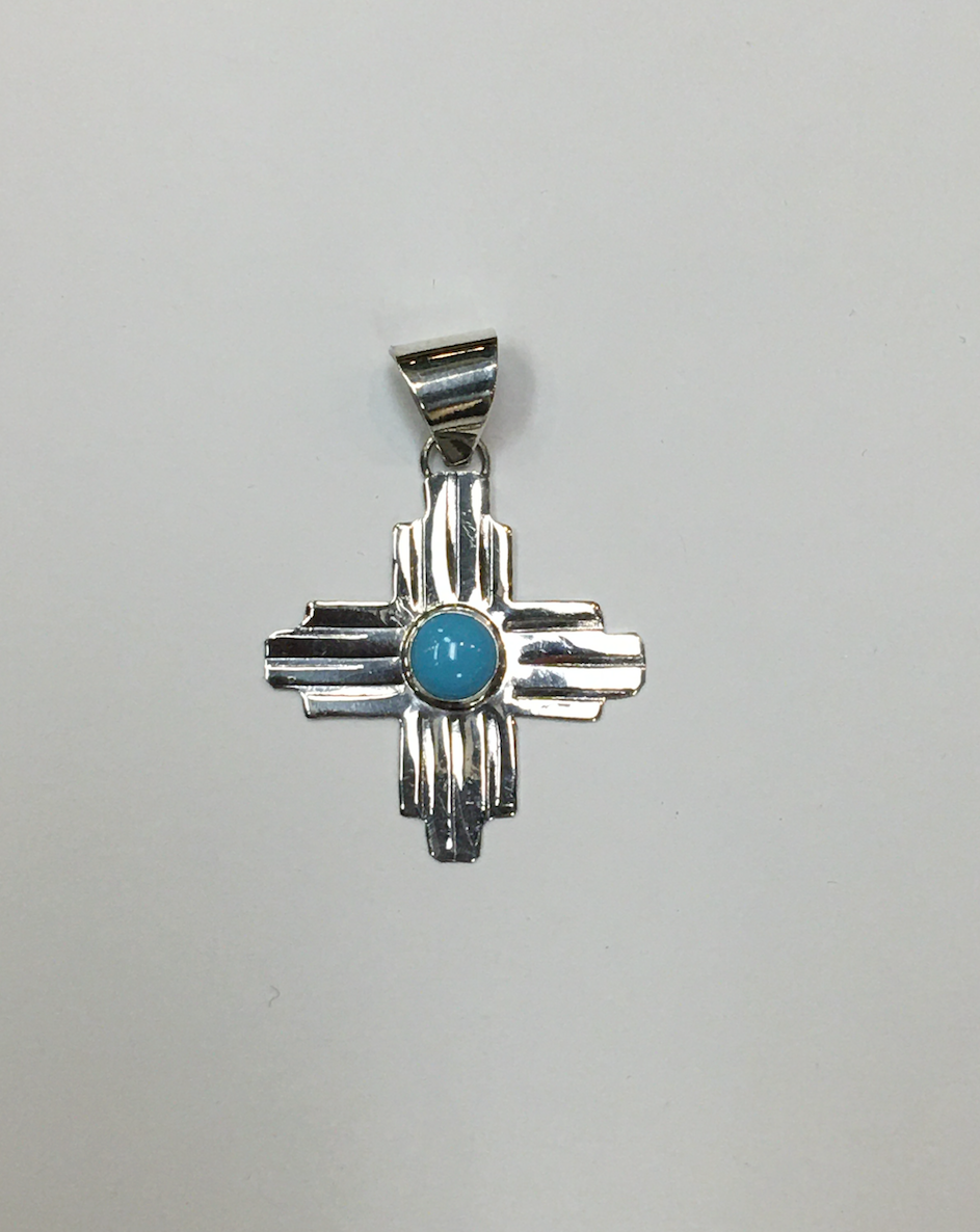Sterling Silver Zia Pendant with Turquoise Accent, Medium Size